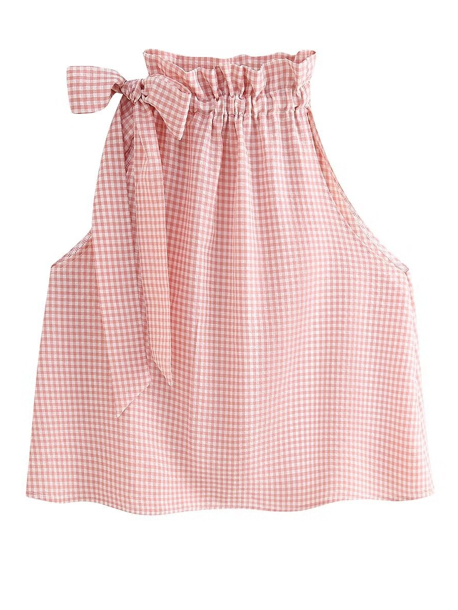 Halter Neck Bow Plaid Print Blouse