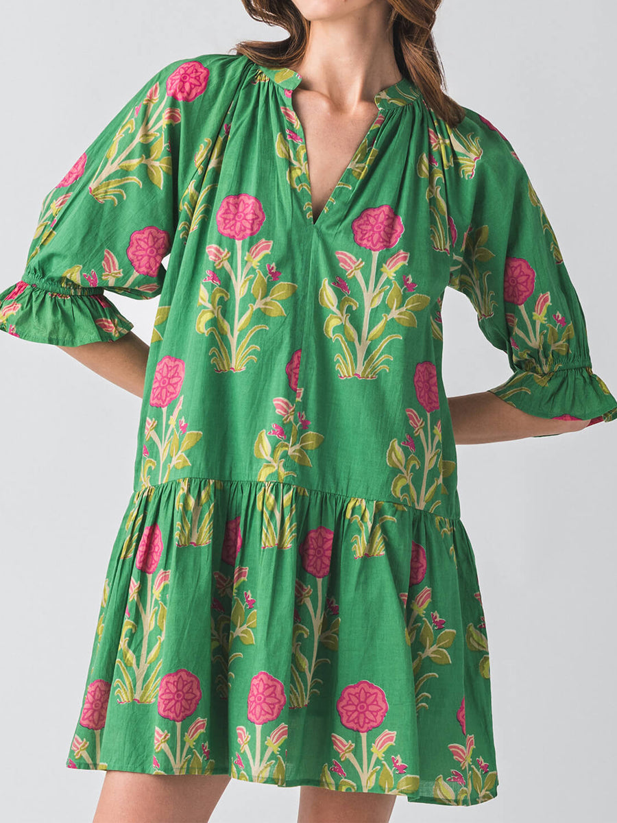 Splitneck Flower Print 3/4 Sleeve Dress
