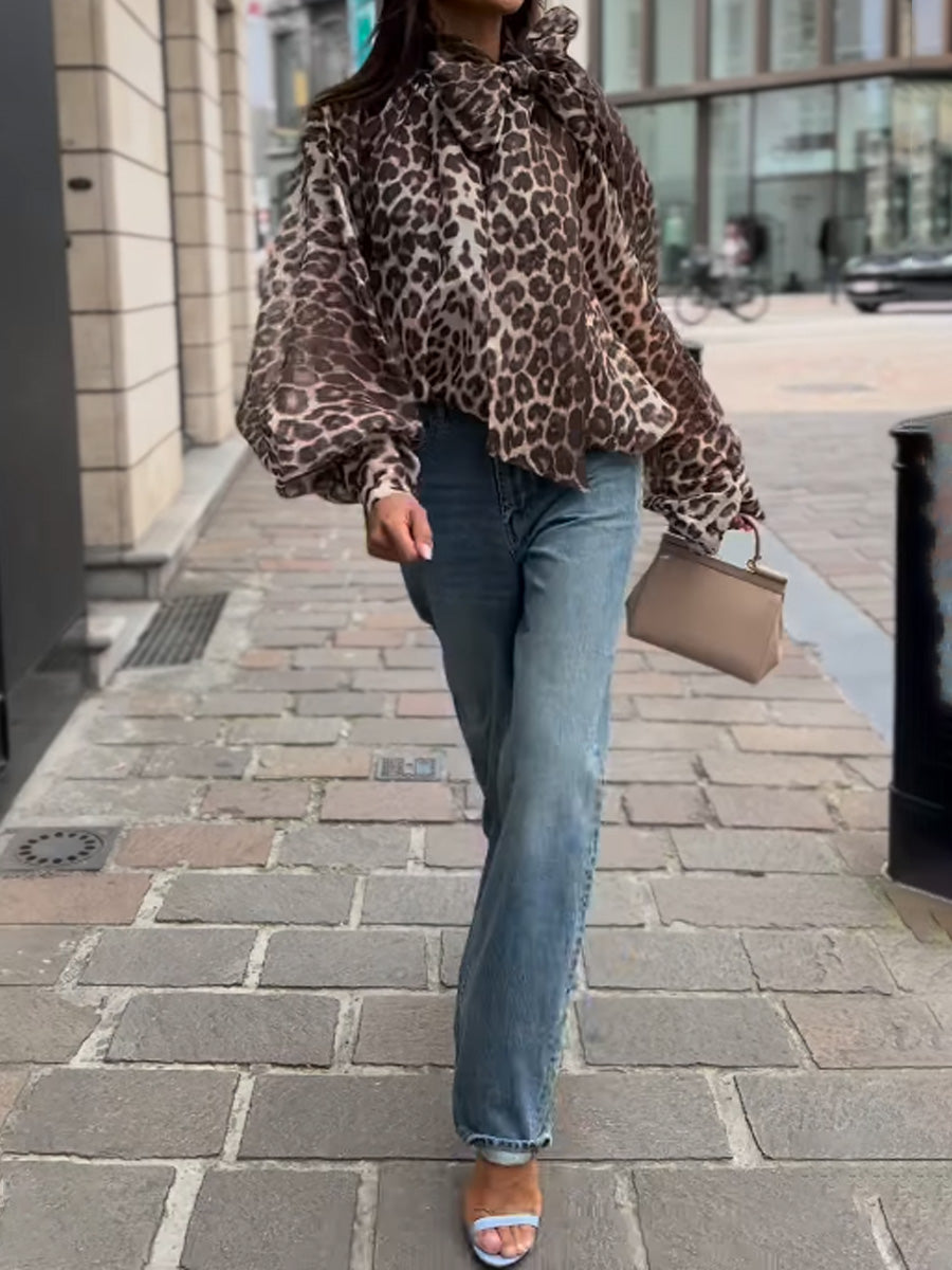 Leopard Printed Bow Long Sleeve Blouse