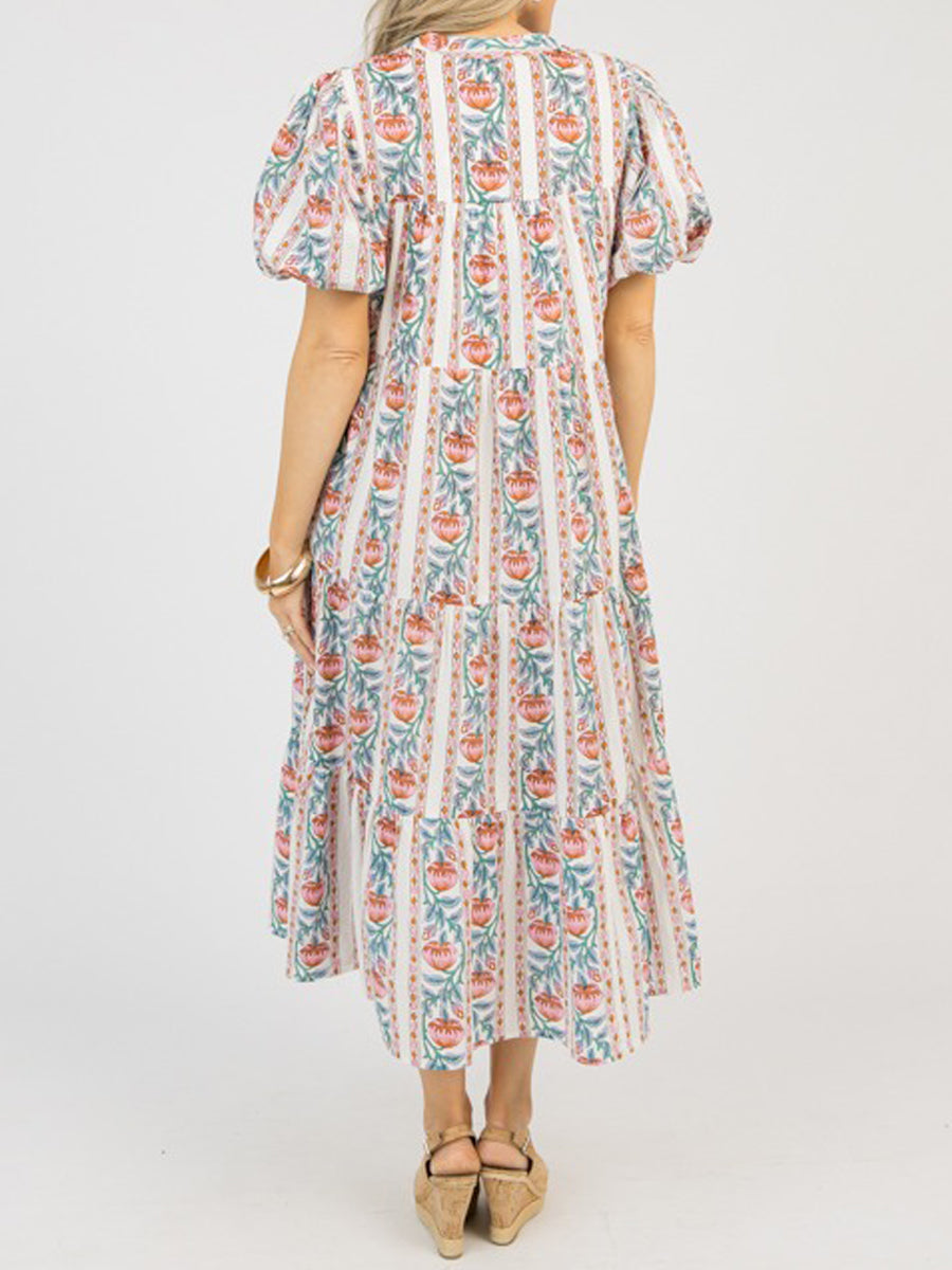 Elastic Sleeve Cuff Printed Midi Dress