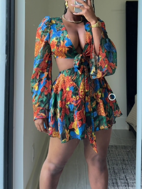Floral Deep V Neck Flare Sleeve Belt Dress