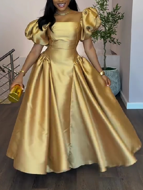 Golden Elegance Puff Sleeve Gown