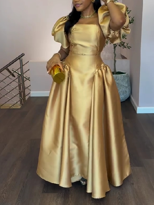 Golden Elegance Puff Sleeve Gown