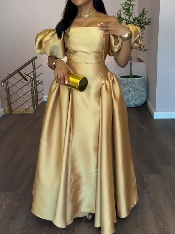 Golden Elegance Puff Sleeve Gown