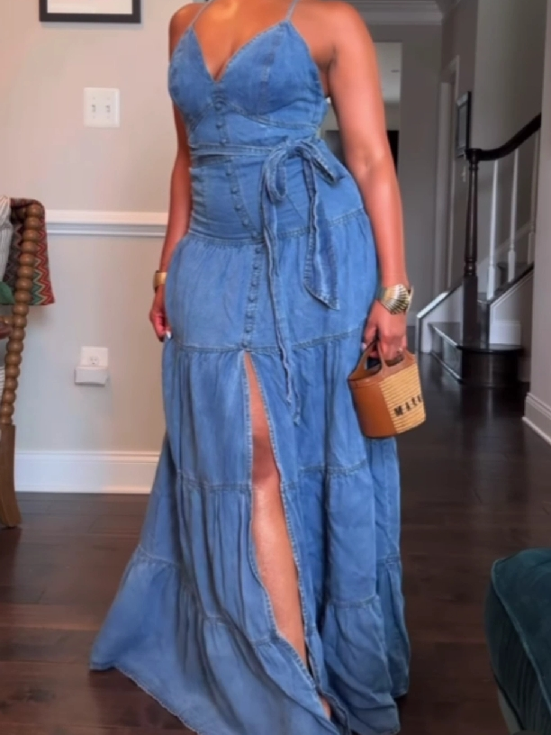 Denim Halter Maxi Dress