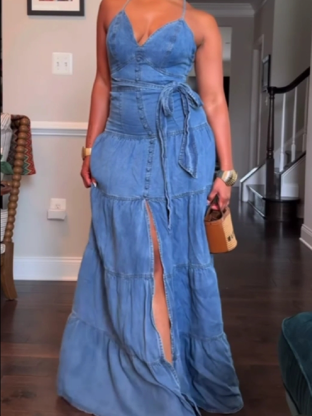 Denim Halter Maxi Dress