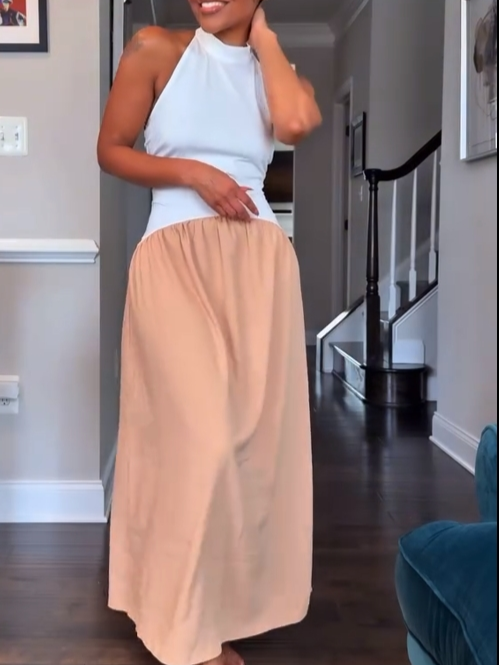 Halter Neck Two-Tone Midi Dress
