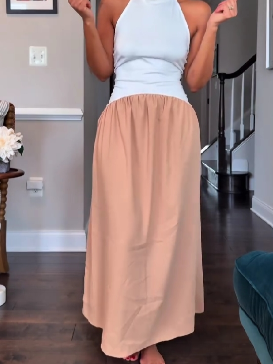 Halter Neck Two-Tone Midi Dress