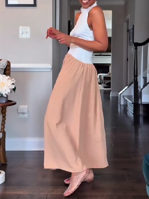 Halter Neck Two-Tone Midi Dress