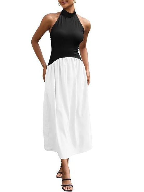 Halter Neck Two-Tone Midi Dress