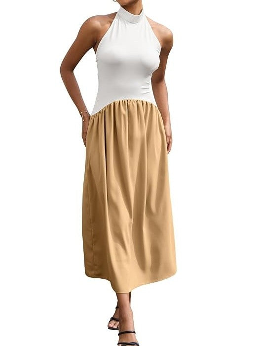 Halter Neck Two-Tone Midi Dress