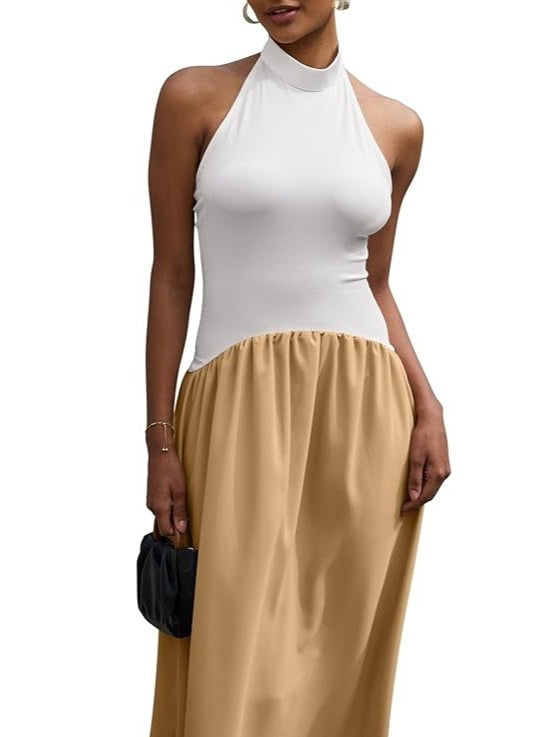 Halter Neck Two-Tone Midi Dress
