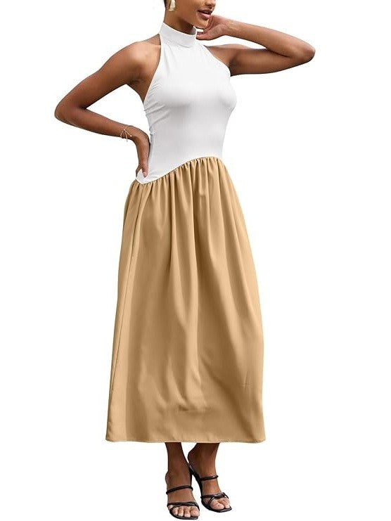Halter Neck Two-Tone Midi Dress