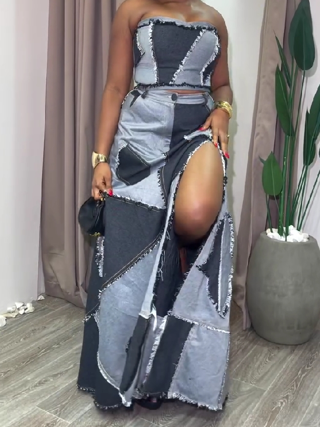 Patchwork Denim Two-Piece Set