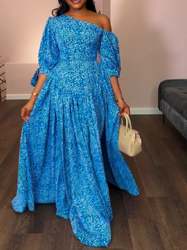 One-Shoulder Blue Maxi Dress