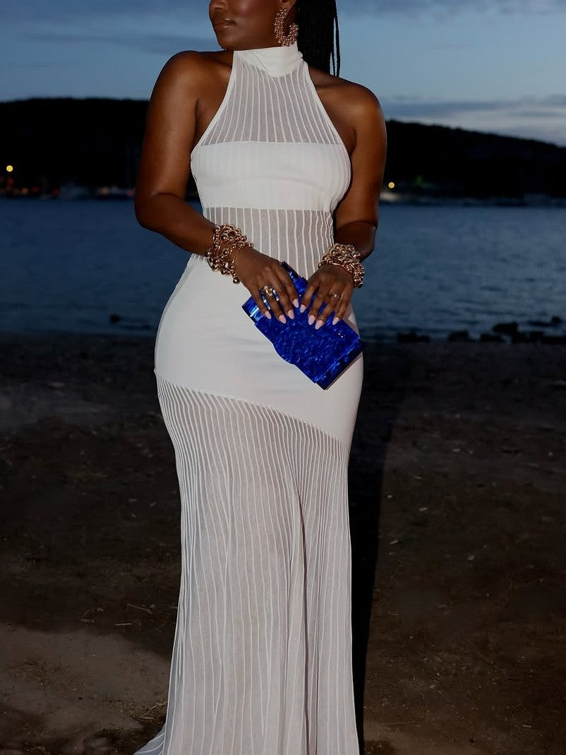 Sheer Panel Halter Maxi Dress