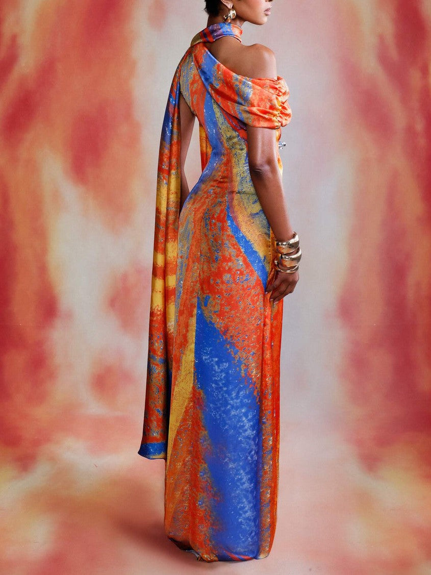 Abstract Print Backless Maxi Dress with Scarf Detail
