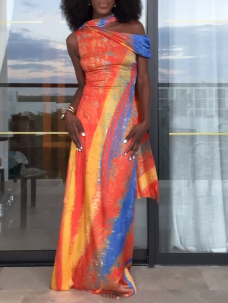 Abstract Print Backless Maxi Dress with Scarf Detail