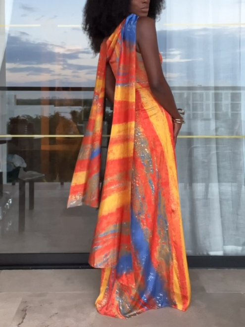 Abstract Print Backless Maxi Dress with Scarf Detail