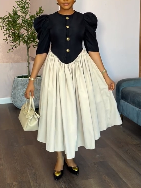 Vintage Puff Sleeve Contrast Midi Dress