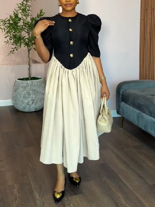 Vintage Puff Sleeve Contrast Midi Dress