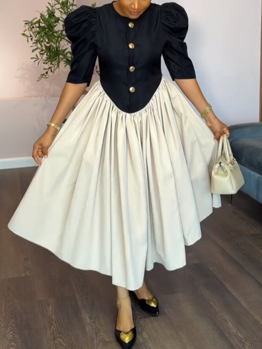 Vintage Puff Sleeve Contrast Midi Dress