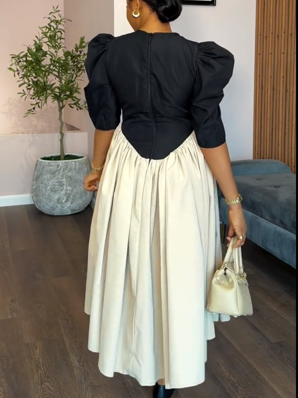 Vintage Puff Sleeve Contrast Midi Dress