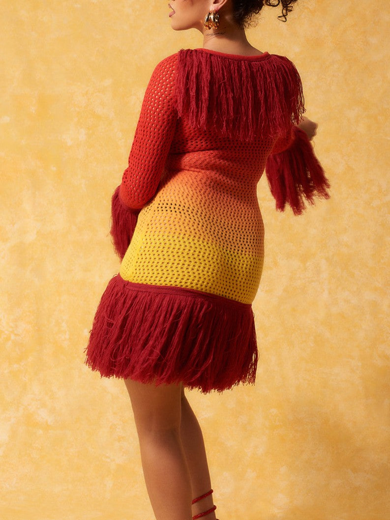 Fringe Crochet Ombre Mini Dress