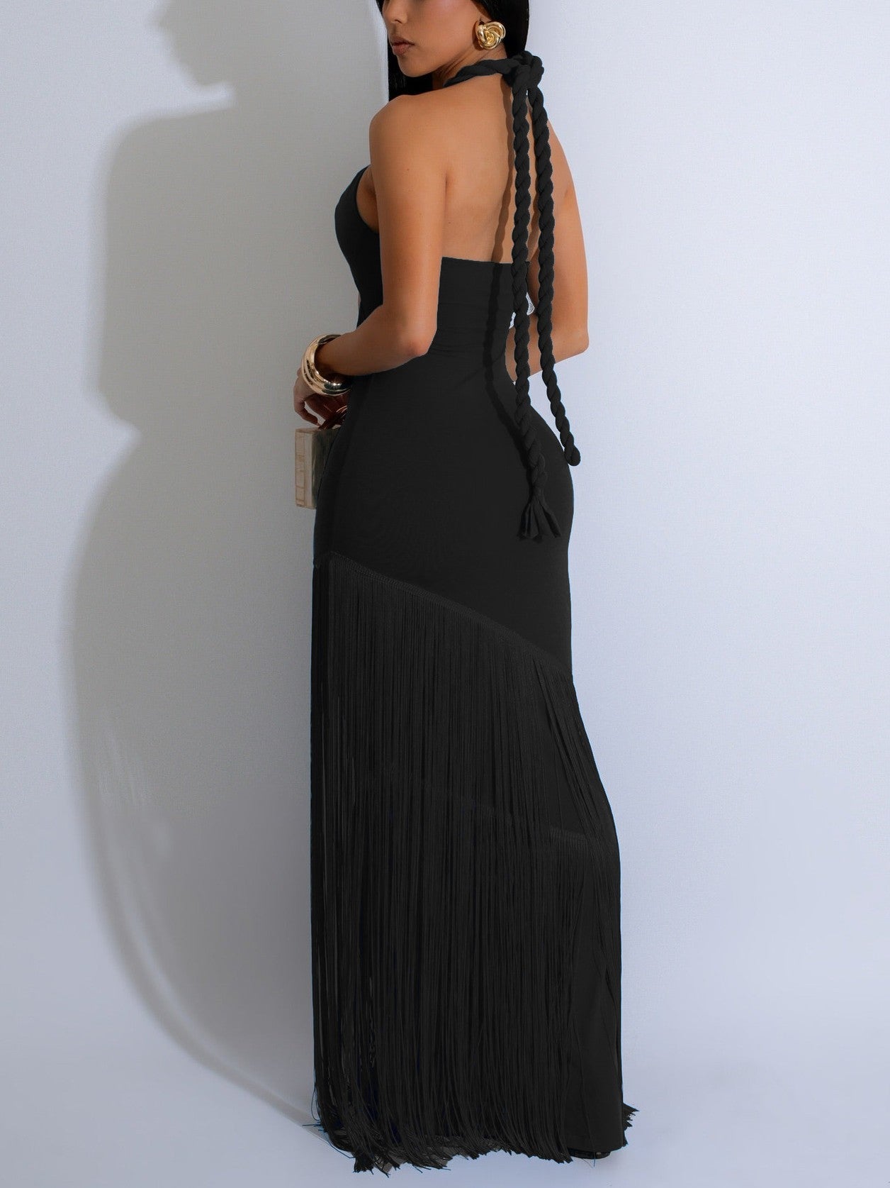 Halter Neck Fringe Cutout Dress