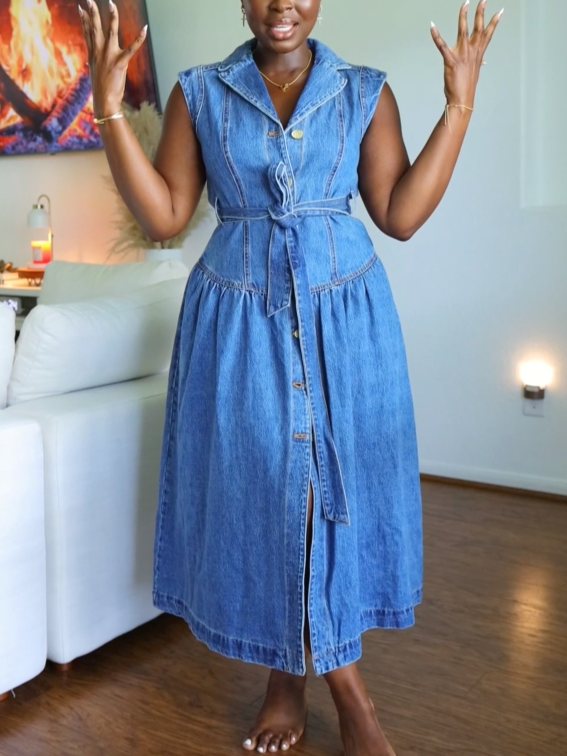 Sleeveless Denim Button-Front Midi Dress