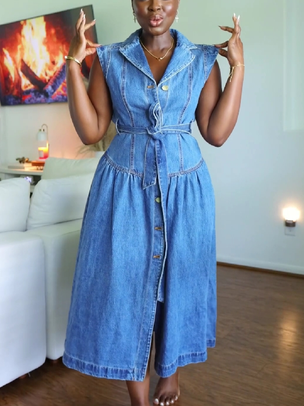 Sleeveless Denim Button-Front Midi Dress