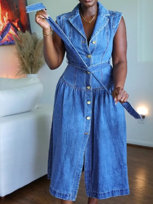 Sleeveless Denim Button-Front Midi Dress