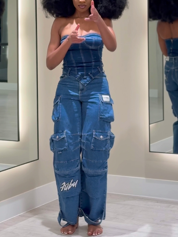 Denim Bandeau & Multi-Pocket Jeans Set