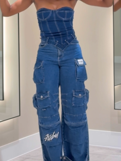 Denim Bandeau & Multi-Pocket Jeans Set