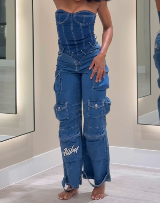 Denim Bandeau & Multi-Pocket Jeans Set