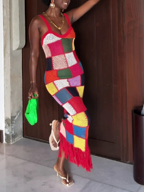 Colorful Fringe Crochet Maxi Dress