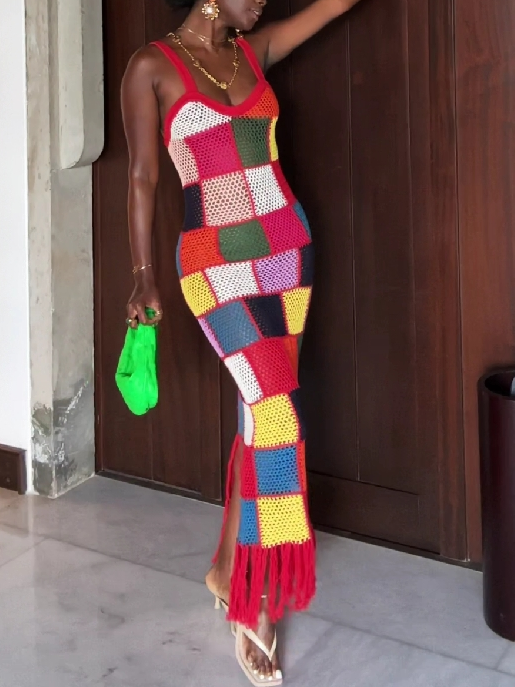 Colorful Fringe Crochet Maxi Dress