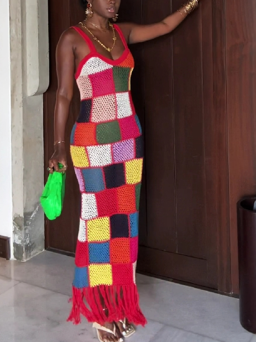 Colorful Fringe Crochet Maxi Dress