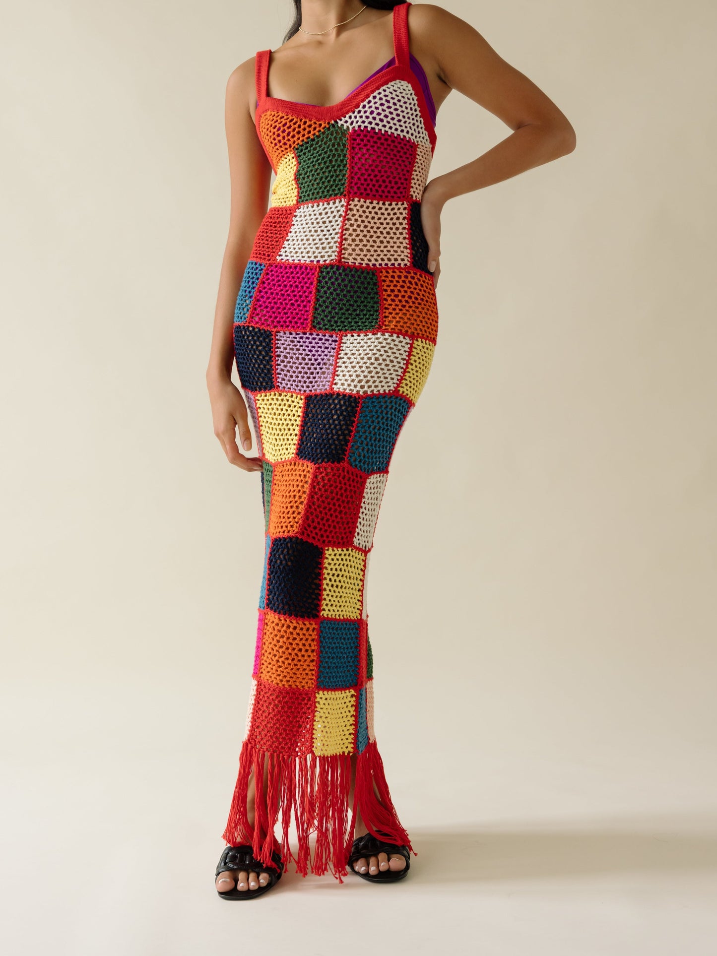 Colorful Fringe Crochet Maxi Dress