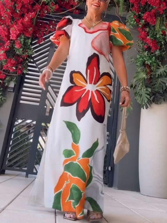 Floral Puff-Sleeve A-Line Maxi Dress
