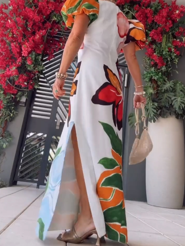 Floral Puff-Sleeve A-Line Maxi Dress