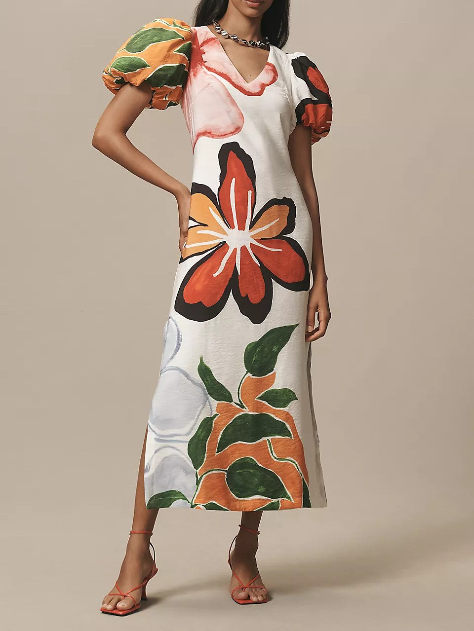 Floral Puff-Sleeve A-Line Maxi Dress