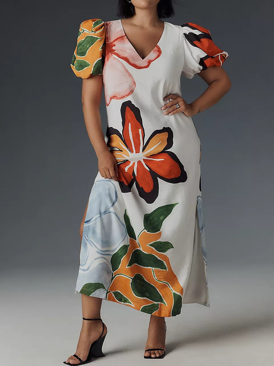 Floral Puff-Sleeve A-Line Maxi Dress