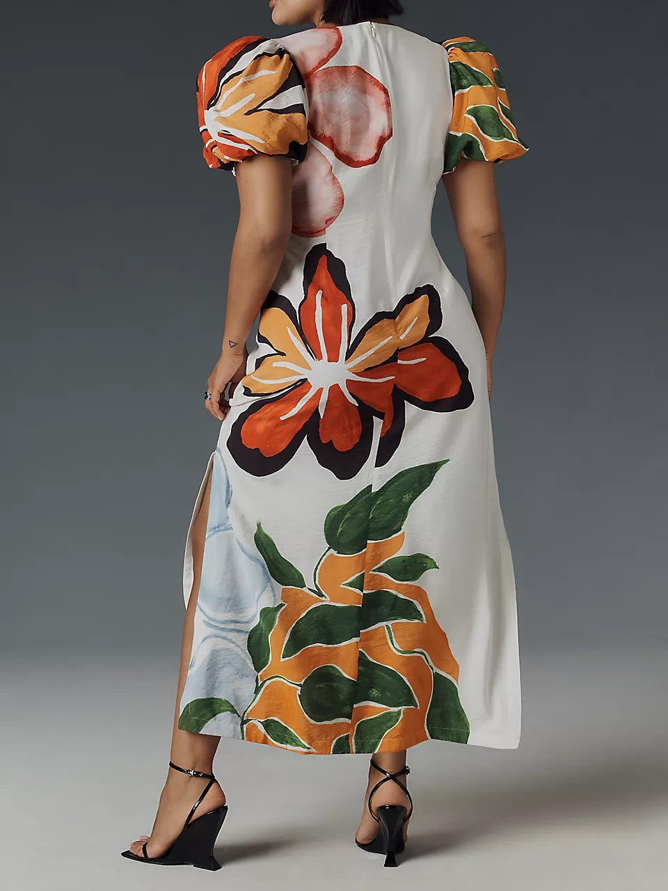Floral Puff-Sleeve A-Line Maxi Dress