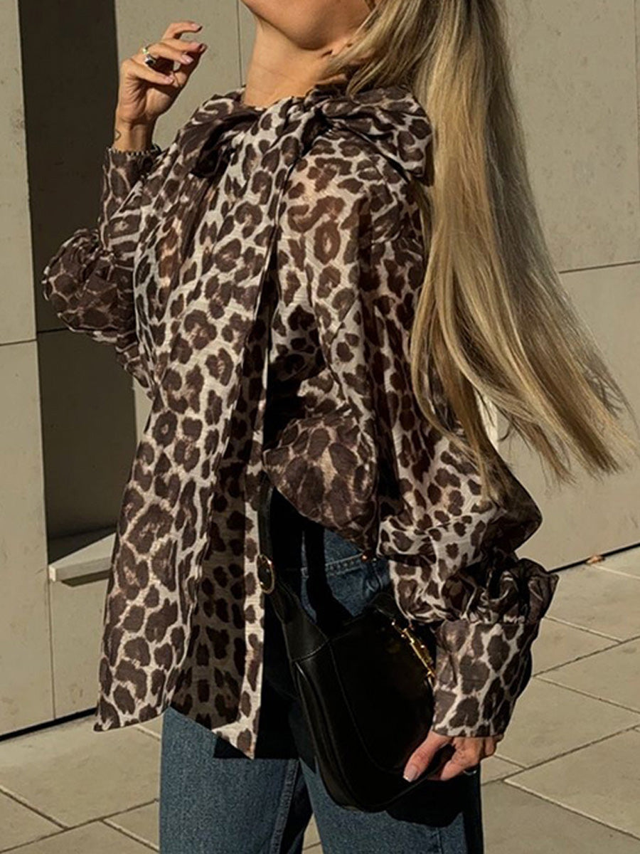 Leopard Printed Bow Long Sleeve Blouse