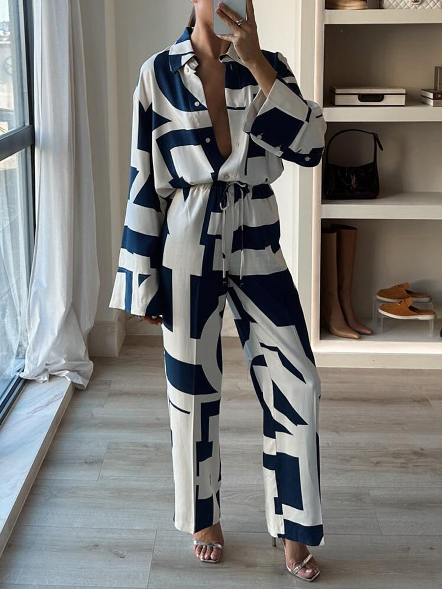 Printed Loose-fit Drawstring Waist Two Pieces Set