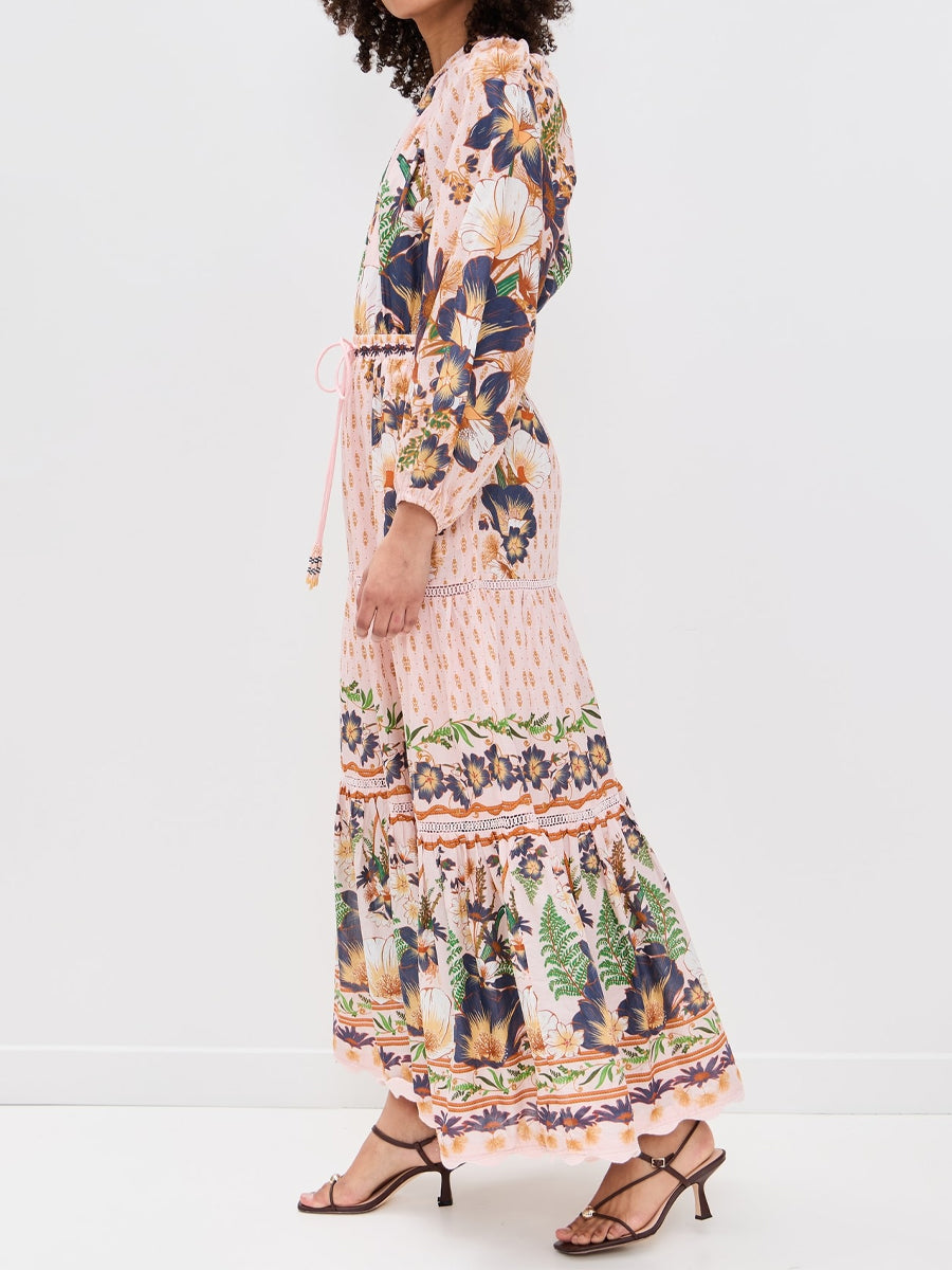 One-shoulder Drawstring Waist Printed Maxi Dress