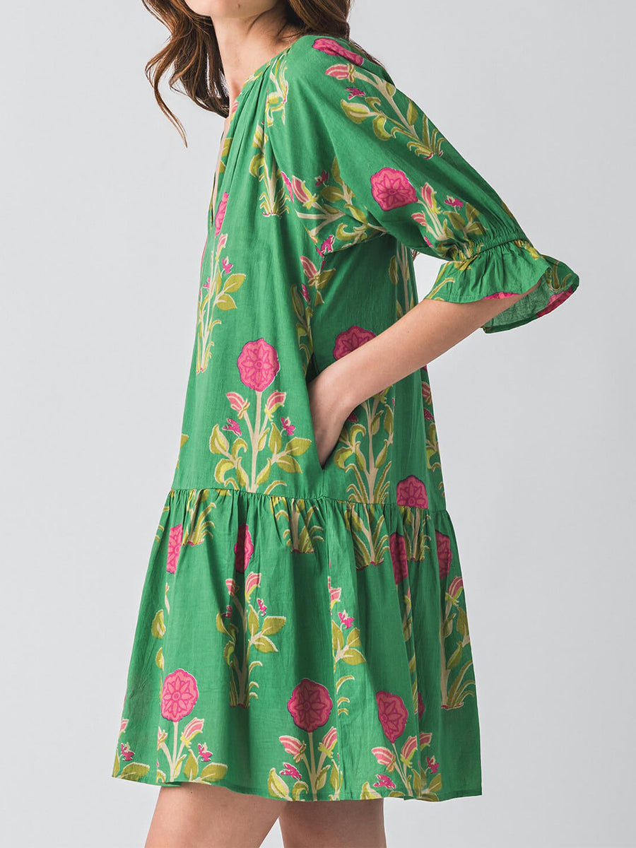 Splitneck Flower Print 3/4 Sleeve Dress