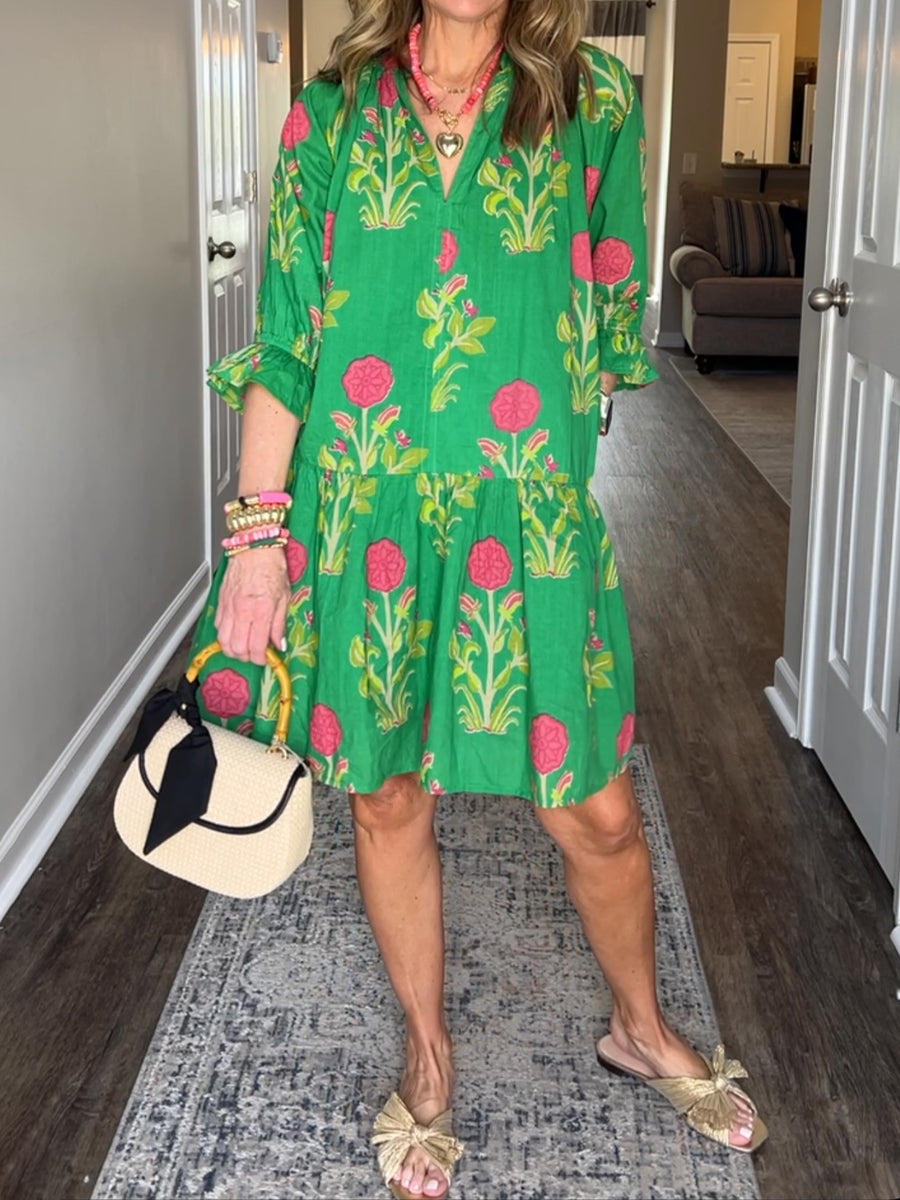 Splitneck Flower Print 3/4 Sleeve Dress