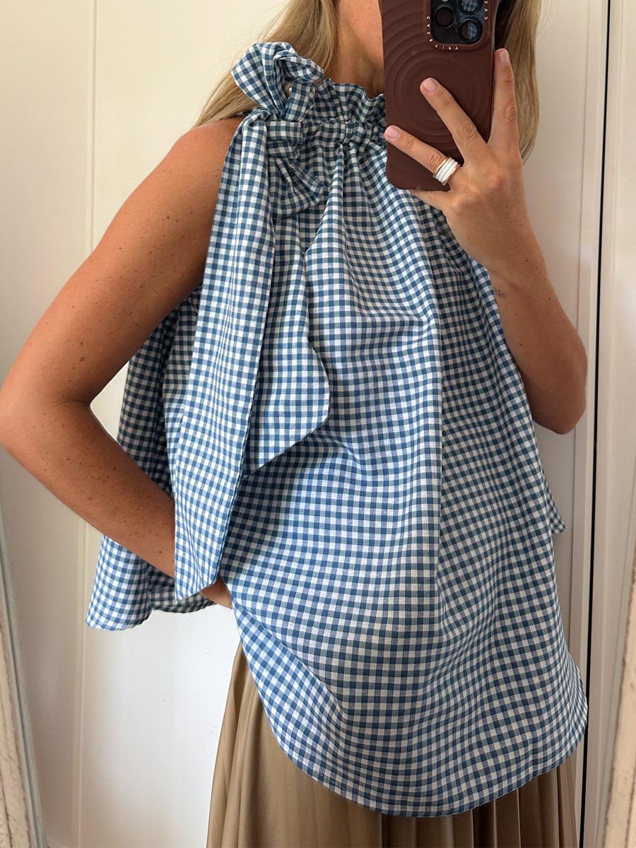 Halter Neck Bow Plaid Print Blouse